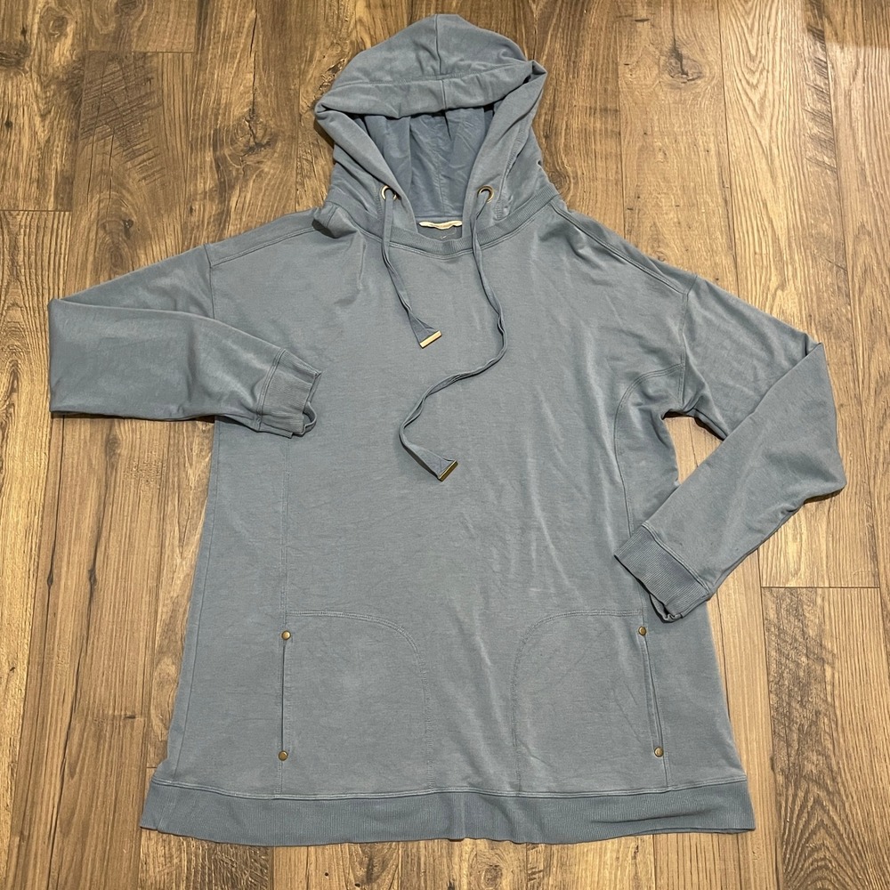 Soft Surroundings Blue Hooded Tunic Sweatshirt Thumbhole Pockets 2EJ43 Womens L